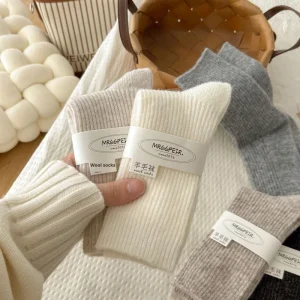 Women’s Autumn Winter Mid-Calf Slouch Socks Solid Color Thin Striped Wool Thickened Long Socks in Japanese Style for Daily Use