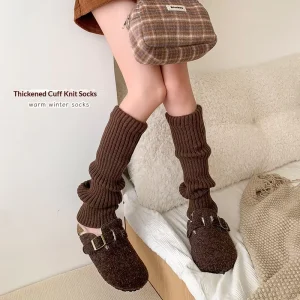 Women’s Autumn Winter Over Knee Thick Acrylic Socks Maillard Curry Color Warm Fat Machine Long Tube Knitted Miu Wool