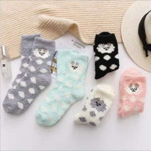 Women’s Autumn Winter Thickened Embroidered Lamb Coral Fleece Socks Knitted Terry Floor Sleep Socks Cartoon Pattern Home Spots
