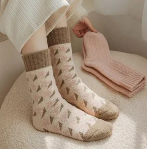 Women’s Autumn & Winter Thickened Terry Socks Pink and Khaki Mid Calf Casual Warm Towel Socks