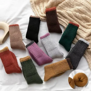 Women’s Autumn Winter Wool Socks Pure Color Merino Thickened Warm Socks Medium Tube Terry Socks