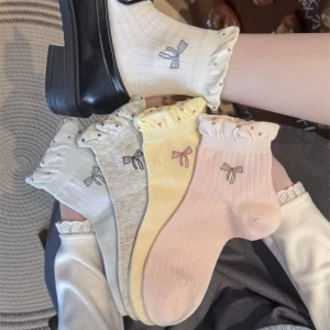 Women’s Bowknot Ankle Socks Knitted Polka Dot Bubble Edge Thin Anti-Slip Pure Cotton Casual Spring Summer Autumn