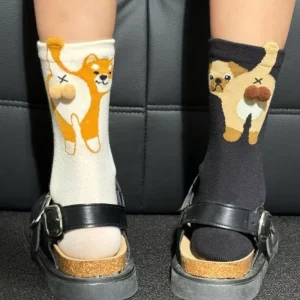 Women’s Breathable 3D Dog Custom Design Long Cotton Socks Cute Cartoon Crew Length with Body Logo Heat Feature