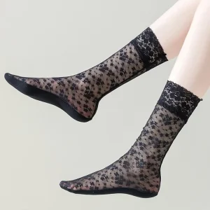 Women’s Breathable Black Lace Over-the-Knee Socks Mid-Calf Thin Cotton-Soled Summer Socks