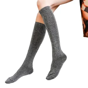Women’s Breathable Grey White Glitter Knee High Socks Tall and Thin Shiny Knitted for Spring Season