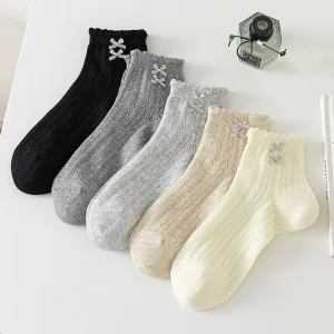 Women’s Breathable Lace Mesh Ankle Socks with Bow Decor Trim Hollow Out Crew Socks Suitable for Sneakers Summer Thin Socks