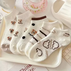 Women’s Cartoon Cute Animal Short Socks Breathable Summer Knit Thin Socks Spring Brown Bear Socks