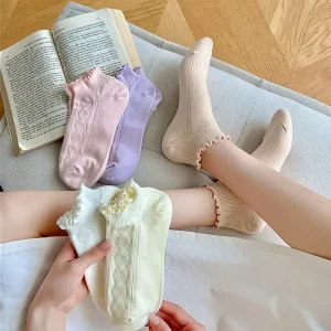 Women’s Casual Breathable Crew Socks White One Size Spring Low Cut Cotton Thin Short No-Show Elastic Cuff Logo Daily Use