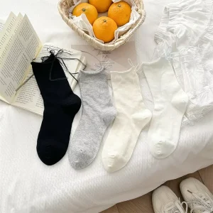 Women’s Casual Breathable Mid-calf Socks Hollow-out Loose-top Design with Sweet Bowknot Thin Knitted Socks