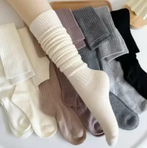 Women’s Casual Cotton Knee High Long Socks Solid Wool Thigh Stocking with Fluffy Logo Design Skinny Boot Cut