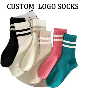 Women’s Combed Cotton Mid Calf Socks Bottom Logo Winter Striped Knitted Sweat Absorbent Comfortable Streetwear Novelty
