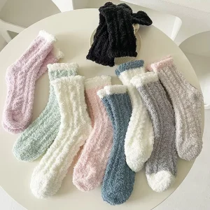Women’s Coral Fleece Fluffy Sleeping Socks Knitted Plush Warm Crew Length with Anti Bacterial Feature for Autumn Daily Use