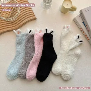 Women’s Coral Fleece Winter Socks With Rabbit Ears Design Ultra Warm Mid Calf Cute Knitted Female Socks Girls Ins Fashion Socks