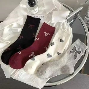 Women’s Cotton Socks Bow Fashion Trend Breathable Knitted Design for All Seasons Daily Use Logo Body Cuff Bottom