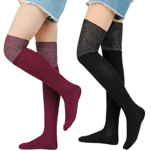 Women’s Cotton Thigh Socks Fashion Silver Silk High Knee Stockings Pile Pile Socks