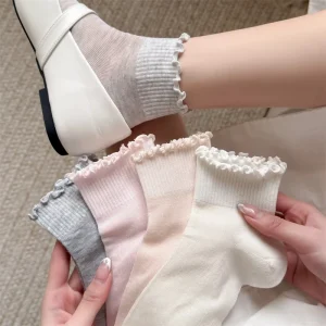 Women’s Crew Hollowed Socks Ruffled Edge Breathable Solid Color Mesh Summer Thin Knitted Socks