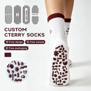 Women’s Crew Knitted Anti-Slip Yoga Socks with Brown Striped and Irregular Print Pattern Custom Pilates Socks with Non-Slip Dots