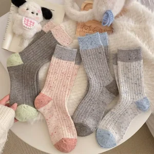 Women’s Crew Length Casual Warm Cotton Socks with Spandex Winter Knitted Body Logo Anti-Foul Solid Standard Thickness