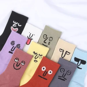 Women’s Crew Socks 100% Cotton Breathable Funny Anime Cartoon Face Emoticon Design Logo Positioned on Body