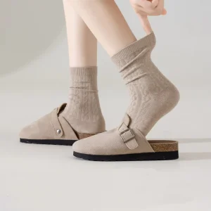 Women’s Crew Socks Autumn Casual Solid Color Cable Knit Bottom Logo Anti Bacterial Breathable Socks
