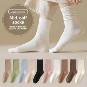 Women’s Crew Socks Light Breathable Ins Fashion All-match Postpartum Solid Color Autumn Winter Knitted Sweat-Absorbent White