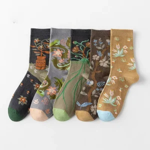Women’s Crew Socks Trendy Ins-Style Artistic Flowerpot Oil Painting Design Vintage Polyester Cotton Sweat-Absorbent Socks