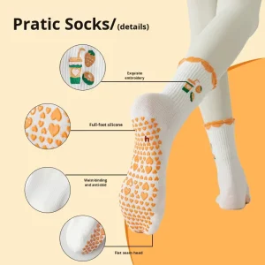 Women’s Crew Sports Socks Cute Embroidery Anti-Slip Breathable Cotton Yoga Pilates Fitness Floor Grip Socks