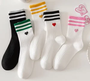 Women’s Custom Cotton Socks Fashion Heart Stripes Crew Preppy Style Socks for Women