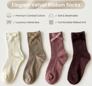 Women’s Custom Cotton Velvet Bow Casual Socks 144N Double Cylinder High Quality Comfortable Rim Ladies Fashion Sock