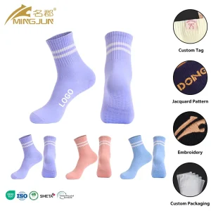 Women’s Custom Crew Anti-Slip Yoga Socks High Compression Knitted Pilates Gripper Terry Pattern Non-Slip Design Cuff Bottom