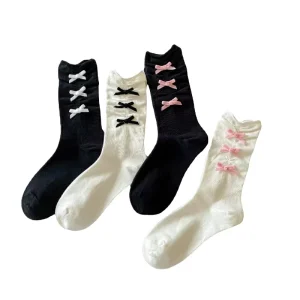 Women’s Custom Knitted Socks With Cute Cotton Bow Breathable Sustainable Crew Length Dress Socks Spring Season ODM Supply