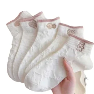 Women’s Cute Cartoon Korean and Japanese Style Socks for Spring and Fall Breathable Crew Length Small White Boat Socks