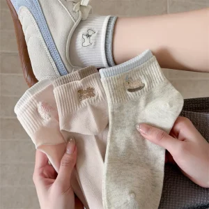 Women’s Cute Crew Socks Cartoon Breathable Thin Double Ribbed Knit Socks Spring Summer Casual Embroidered