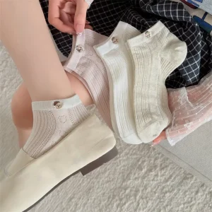 Women’s Cute Short Socks Cartoon Breathable Thin Hollow out Knitted Socks Spring & Summer Casual Embroidered Ankle Socks