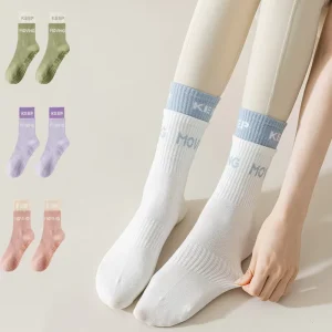 Women’s Double Layer Yogini Pilates Grip Socks Custom Logo Non-slip Crew Length Body Position Design Free Size Cuff