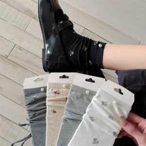 Women’s Fashion Slouch Socks Small Floral Breathable Thin Knitted High-Top Crew Socks Spring Casual