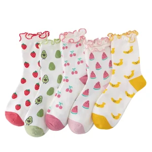 Women’s Fashionable Korean & Japanese Style Mid Socks Cute Fruit & Cartoon Cotton Crew Length Summer Knitted Wood Ear Logo Cuff