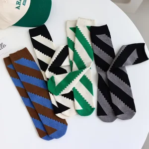 Women’s Fashionable Mid Length Cotton Spring Ins Crew Socks Oblique Stripe Distinctive Hole Stockings Cyber Celebrity Outer Wear