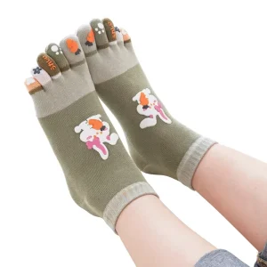 Women’s Five Finger Cotton Animal Print Single Needle Knitted Cute Cartoon Spring Summer Toe Separating Breathable Socks