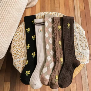 Women’s Girls Knee High Breathable Daily Socks Anti-Bacterial Eco-Friendly White Black Khaki Coffee Vintage Novelty Cotton Blend