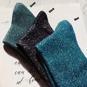 Women’s Glitter Crew Knitted Slouch Socks Fashionable Shiny Gold Silver Metallic Breathable for Daily Use for Autumn