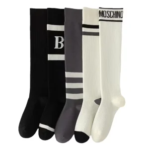 Women’s High Tube Knee High Socks Breathable Slim Leg Calf Stockings with Letter Striped Design Knitted Technique