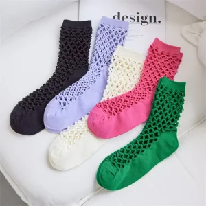 Women’s Hole Mesh Socks Breathable Solid Color Comfy Lightweight Colorful Ultra-thin Girls Sox
