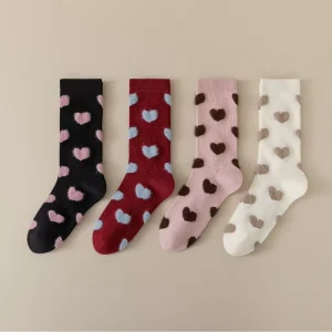 Women’s Knitted Crew Tube Socks with Heart Design Colorful Novelty Casual Custom Socks for Winter Bottom Body Logo