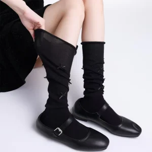 Women’s Knitted Knee High Socks Bow Decoration Pile-up Socks Spring Ballet Style Print Mid-calf Series Stockings