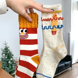 Women’s Korean Style Crew Anti Bacterial Cotton Casual Autumn Cartoon Socks with Cuff Logo Fun Knitted