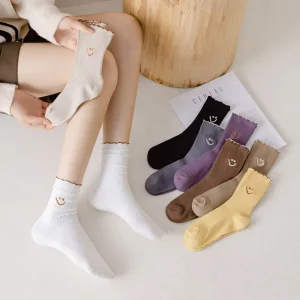Women’s Korean Style for Face Crew Socks Ruffle Trim Breathable Cotton Blend Solid Color Casual Student Socks