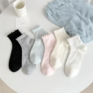 Women’s Lace Crew Socks Fresh Breathable Ruffled Edge Solid Color Hollow-Out Thin Knitted Regenerated Cotton Casual Socks