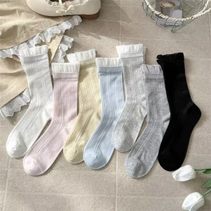 Women’s Lace Socks Hollow-out Solid Color Fresh Style Ruffle Edge Breathable Thin Knitted Lace High Socks