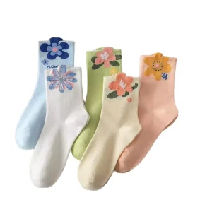 Women’s Medium Cotton Sailor Socks Fashion Tulip Flower 3D Floral Pattern Breathable Knitting Medias De Algodon for Winter Crew
